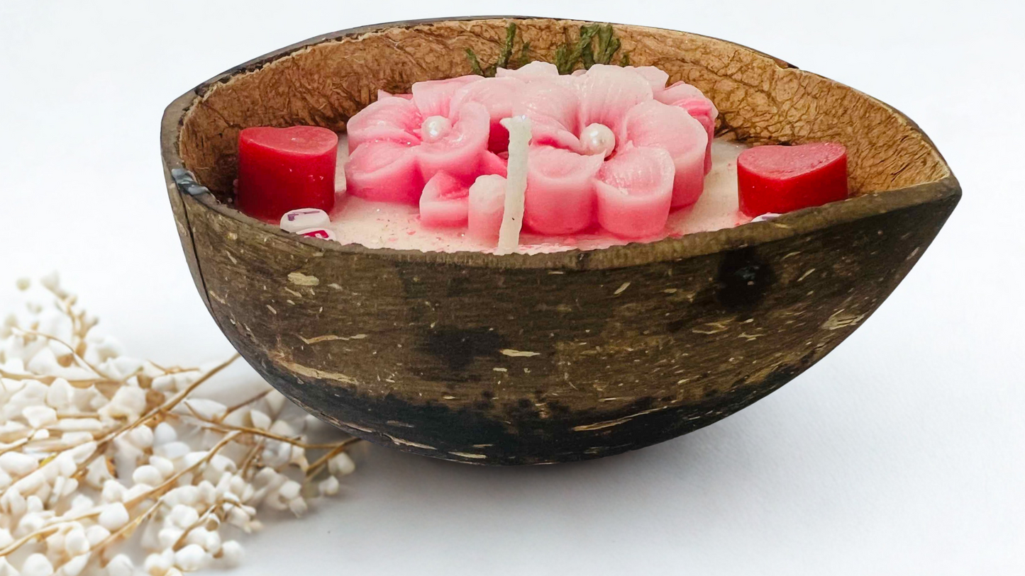 Coconut Love Light Candle – Eco-Friendly Shell with Hearts & Flowers, Romantic Handmade Gift | Candliya