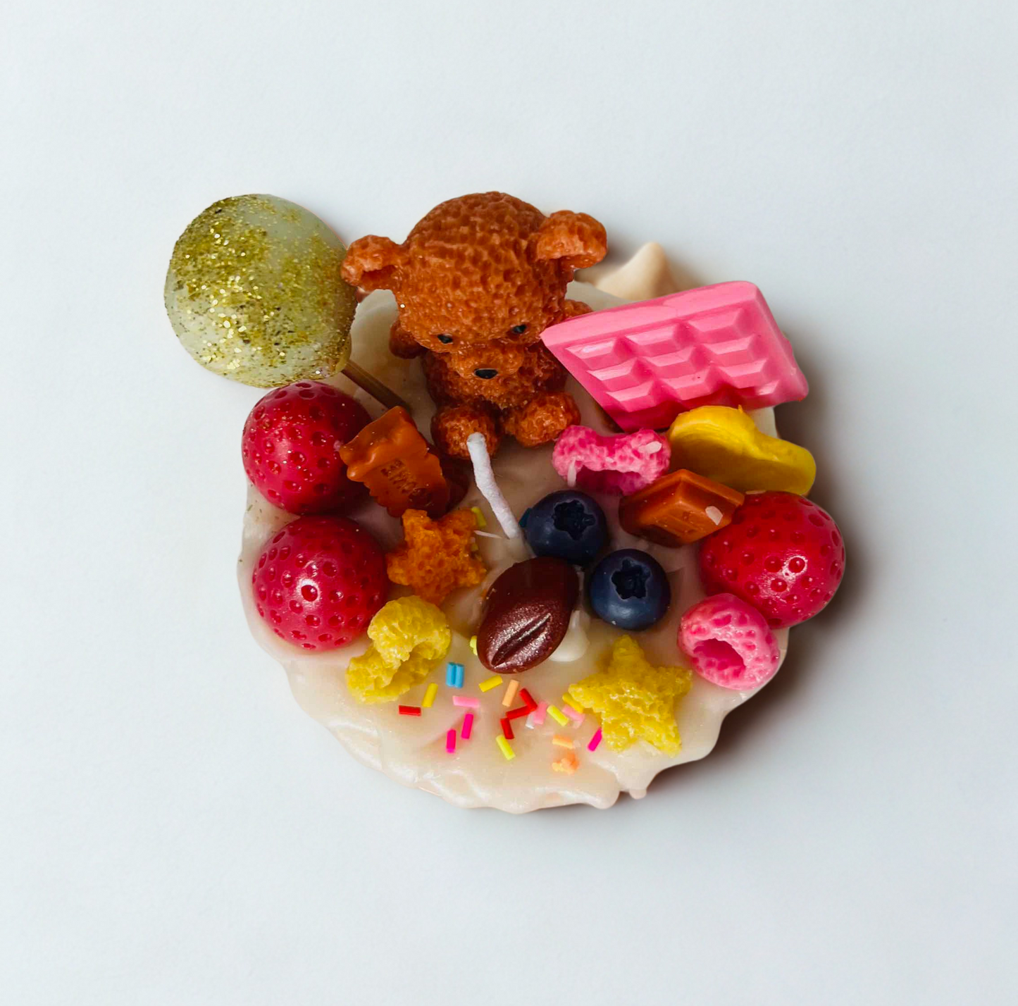 Whimsical Treat Cake Candle – Mini Celebration Cake with Teddy Bears, Strawberries & Coffee Beans | Candliya