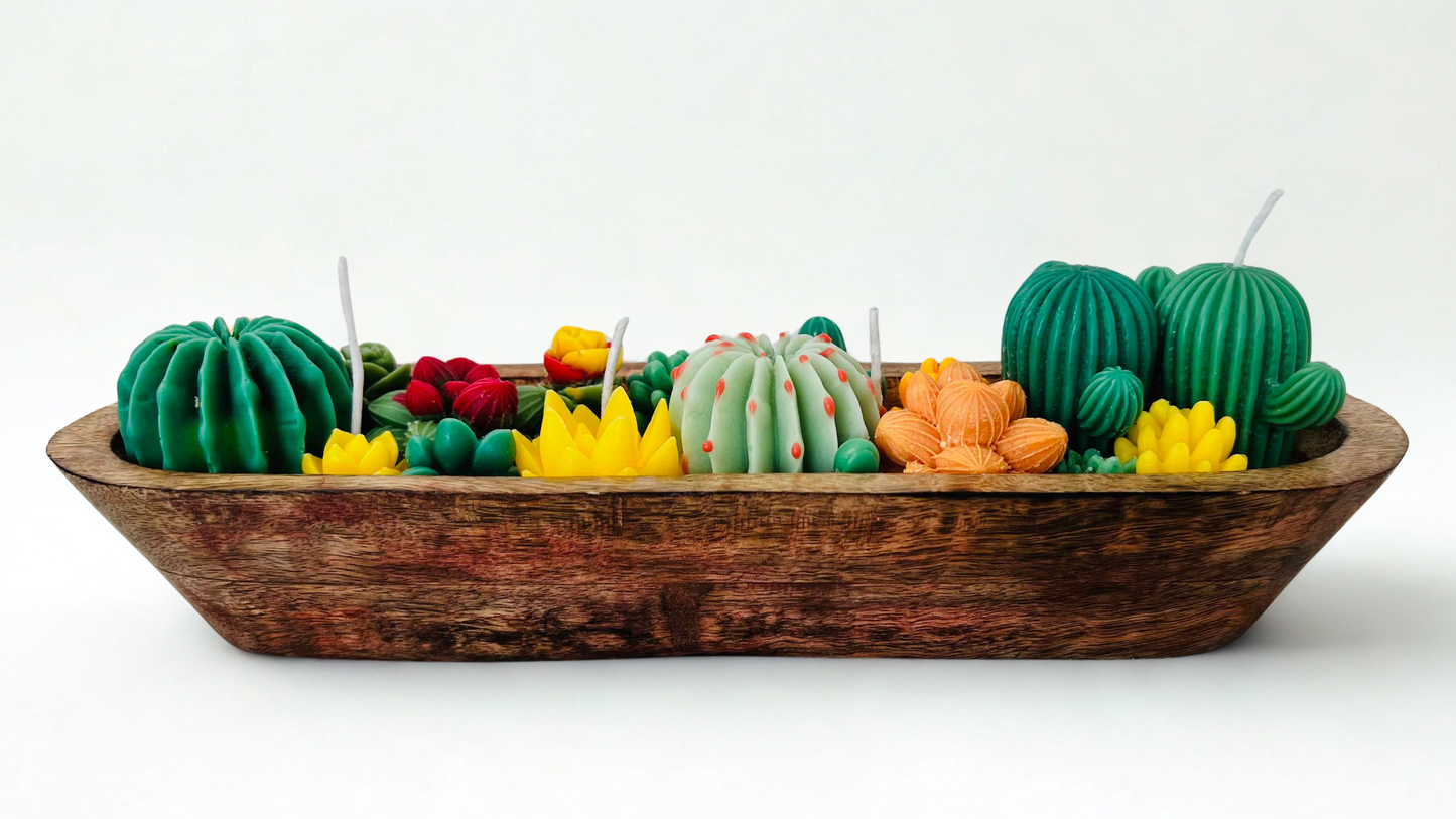 Handmade Cactus Garden Wooden Bowl Candle – Eco Wax, Unique Succulent Design, Long Rustic Centerpiece | Candliya