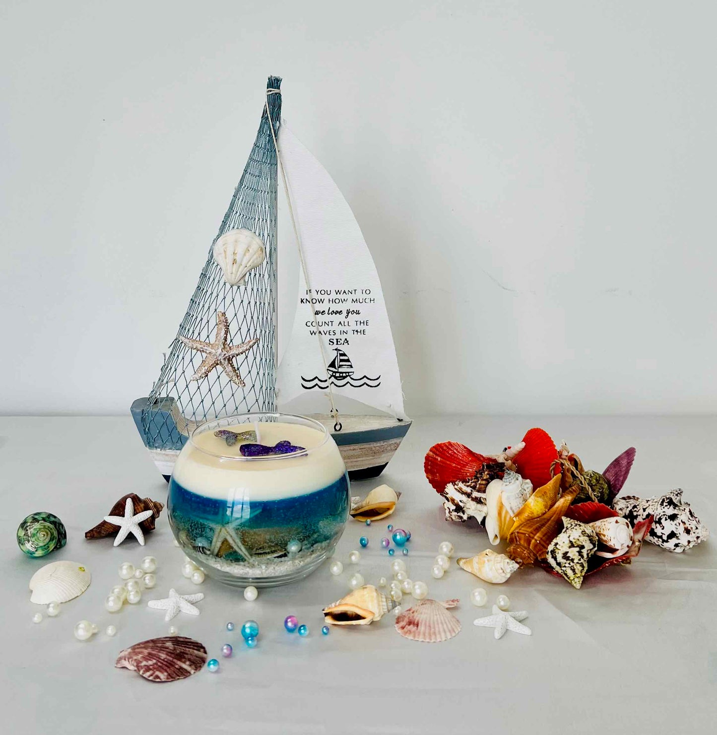Ocean Dreams Candle – Sea Blue Glass Bowl with Starfish, Turtle & Fish, Coastal Calm Décor | Candliya
