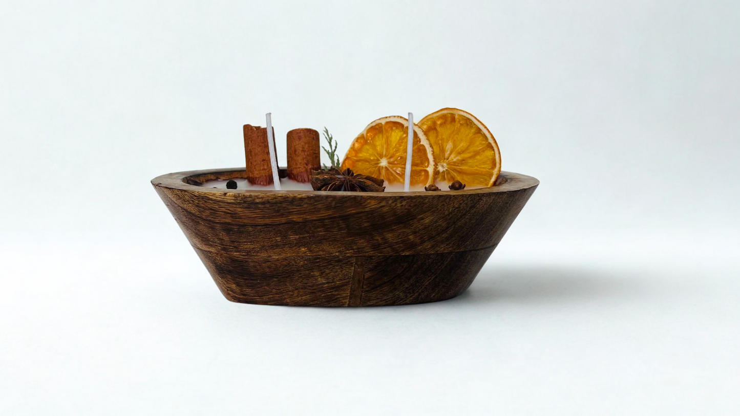 Spiced Harvest Wooden Bowl Candle – Orange Slice, Cinnamon, Clove & Anise for Warm Cozy Evenings | Candliya