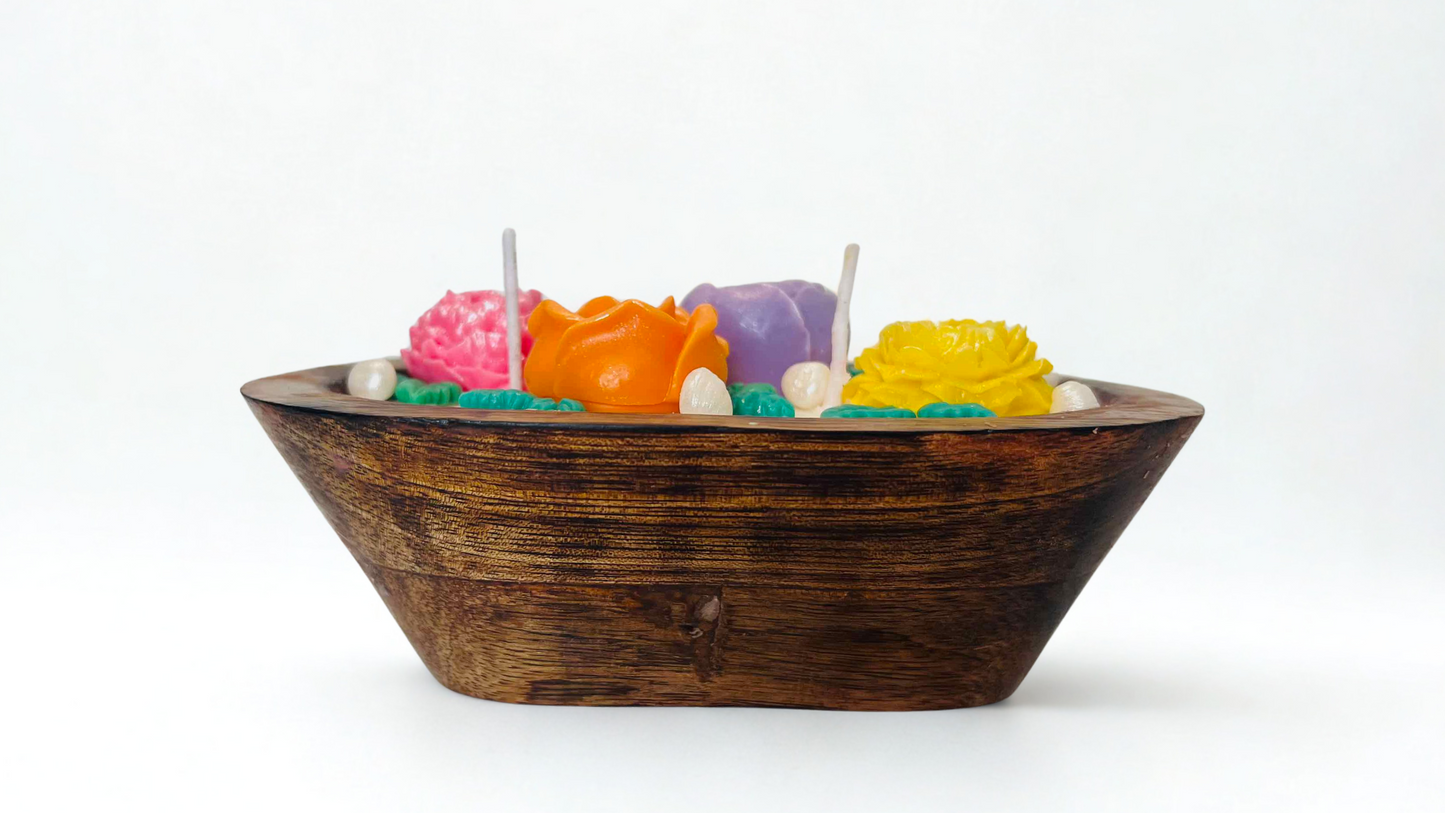 Floral Harmony Wooden Bowl Candle – Vibrant Roses & Pearls in Rustic Bowl, Handcrafted Home Décor | Candliya