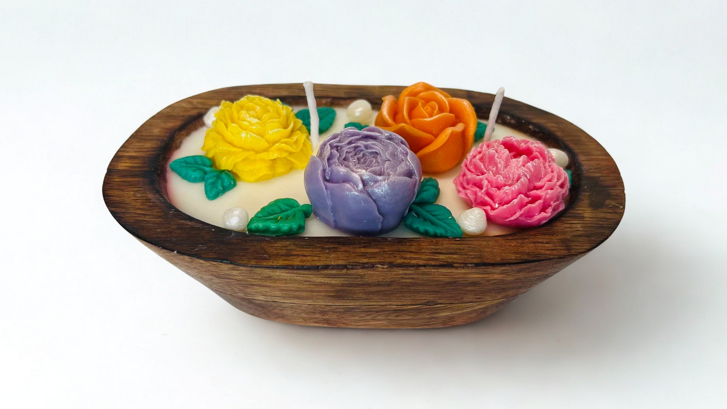 Floral Harmony Wooden Bowl Candle – Vibrant Roses & Pearls in Rustic Bowl, Handcrafted Home Décor | Candliya