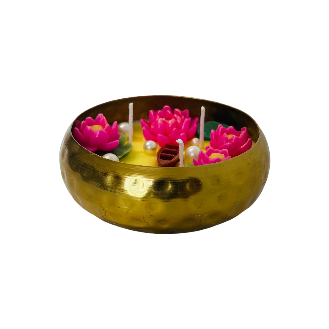 Lotus Bloom Urli Candle – Hand-Poured in Brass Bowl with Lifelike Lotus Flowers & Pearls Glow | Candliya