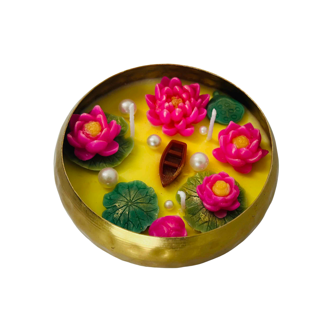 Lotus Bloom Urli Candle – Hand-Poured in Brass Bowl with Lifelike Lotus Flowers & Pearls Glow | Candliya
