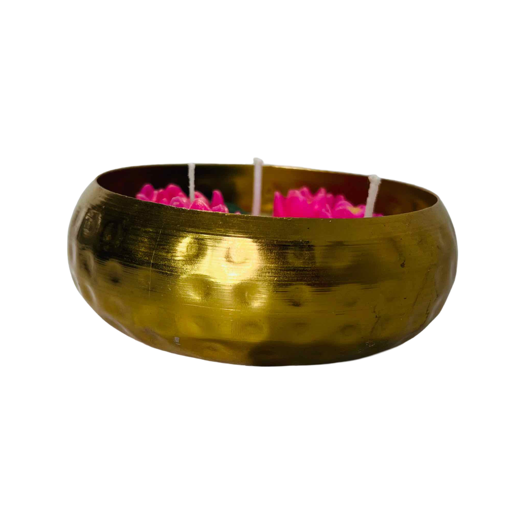 Lotus Bloom Urli Candle – Hand-Poured in Brass Bowl with Lifelike Lotus Flowers & Pearls Glow | Candliya