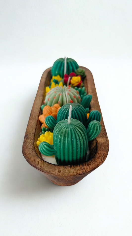 Handmade Cactus Garden Wooden Bowl Candle – Eco Wax, Unique Succulent Design, Long Rustic Centerpiece | Candliya
