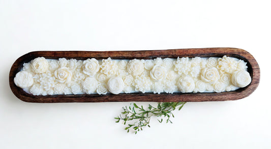Luxury White Rose Candle in Wooden Bowl – 8 Cotton Wicks, Soy Wax Centerpiece, Wedding Décor | Candliya