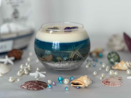 Ocean Dreams Candle – Sea Blue Glass Bowl with Starfish, Turtle & Fish, Coastal Calm Décor | Candliya