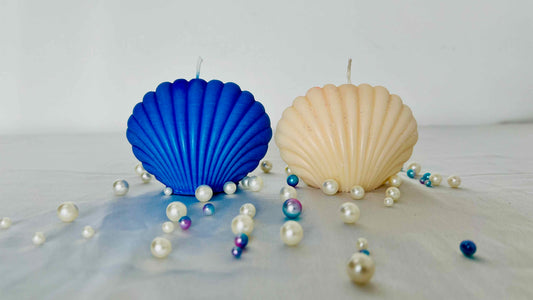 Shimmering Sea Shell Candle – Realistic Coastal Glow in White & Ocean Blue, Beach Décor Accent | Candliya