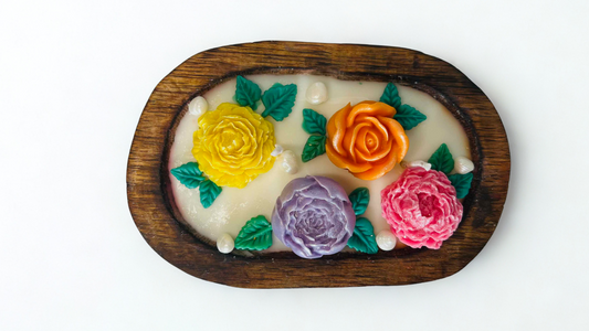 Floral Harmony Wooden Bowl Candle – Vibrant Roses & Pearls in Rustic Bowl, Handcrafted Home Décor | Candliya