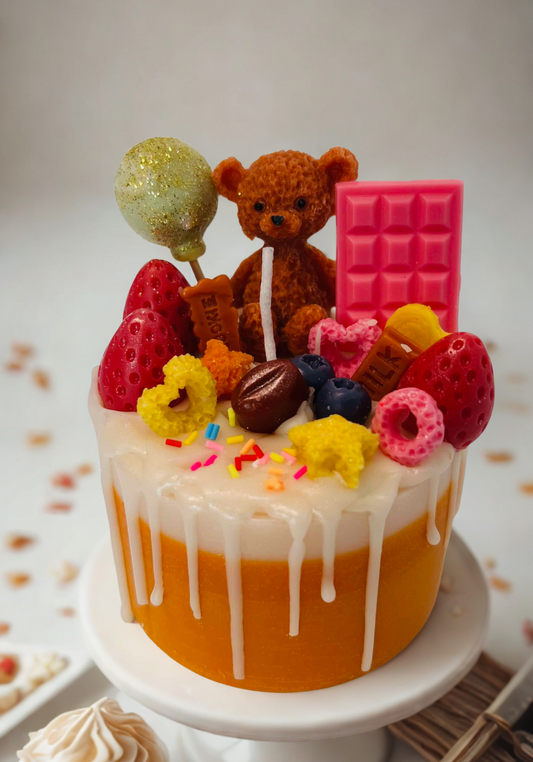 Whimsical Treat Cake Candle – Mini Celebration Cake with Teddy Bears, Strawberries & Coffee Beans | Candliya