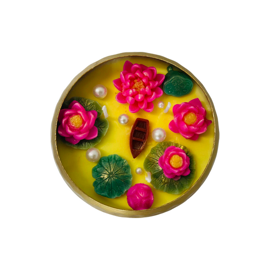 Lotus Bloom Urli Candle – Hand-Poured in Brass Bowl with Lifelike Lotus Flowers & Pearls Glow | Candliya
